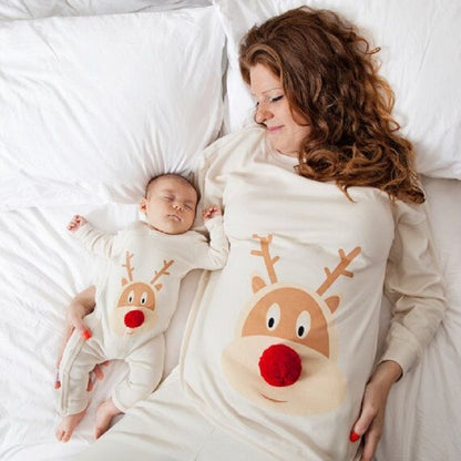 Christmas Deer Printed Mother-Daughter Outfit with Fur Ball Accents