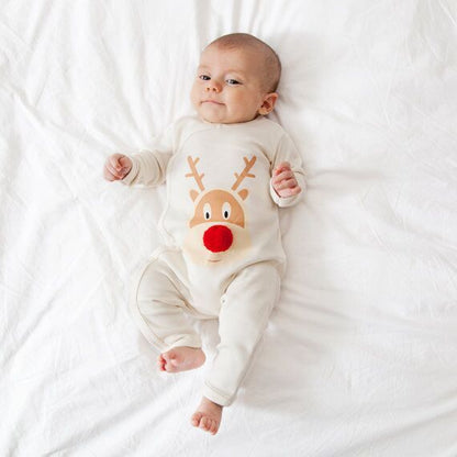 Christmas Deer Printed Mother-Daughter Outfit with Fur Ball Accents