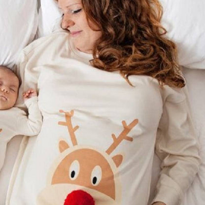 Christmas Deer Printed Mother-Daughter Outfit with Fur Ball Accents